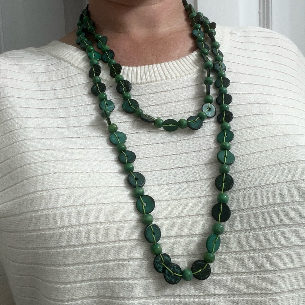 Long Green Beaded Necklace – 56” Double Strand Statement